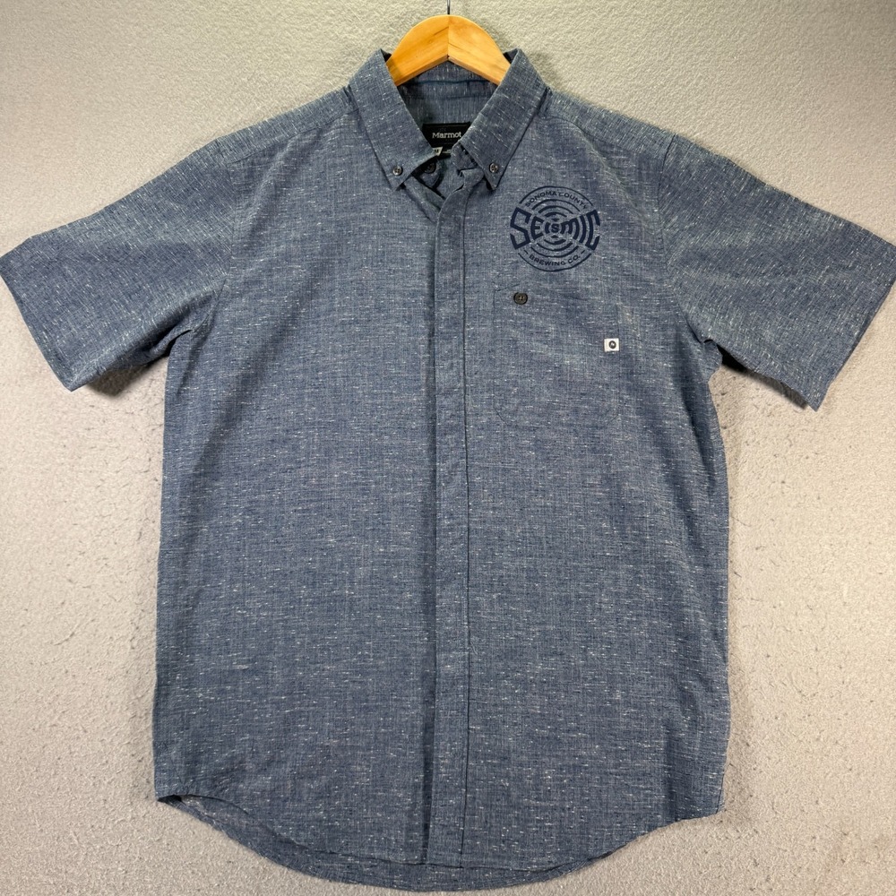 Marmot Button Down Shirt Mens Medium Blue Nylon Pocket Seismic Brewing Classic